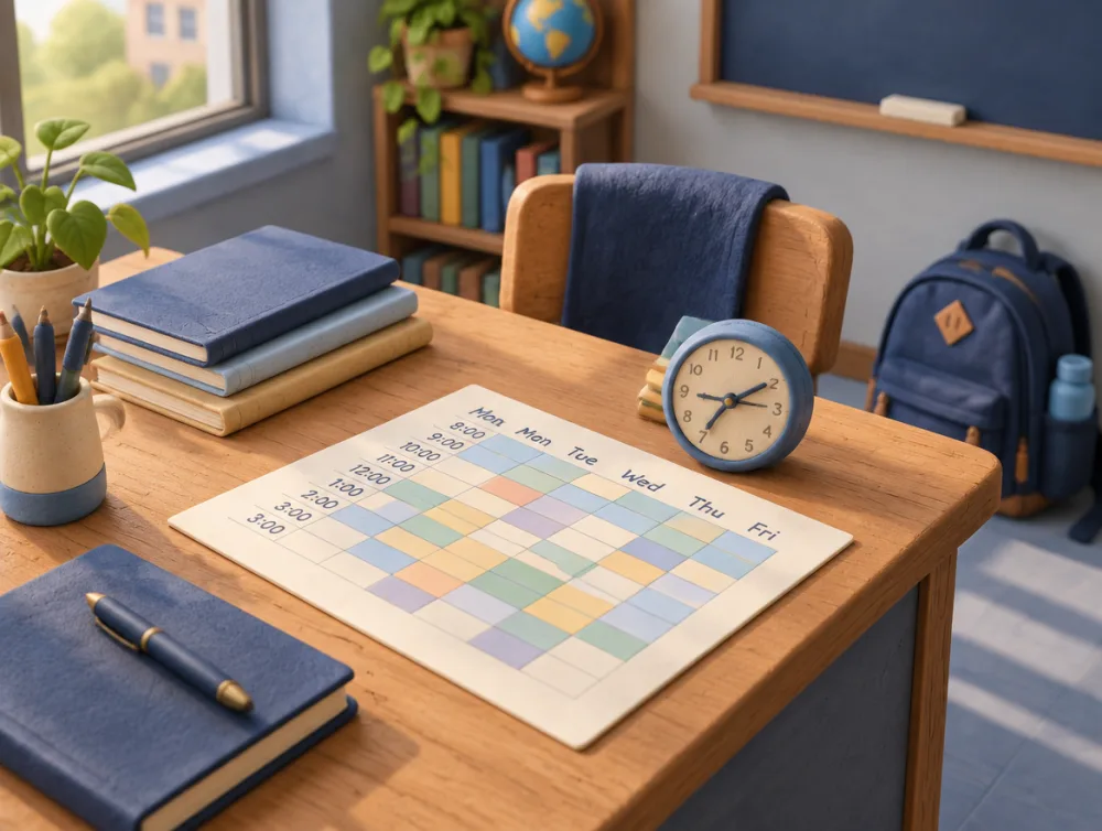 Illustration of a school timetable, clock, notebooks and backpack ready for the day